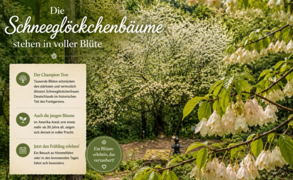 Blühender Schneeglöckchenbaum im Forstbotanischen Garten Tharandt mit weißen glockenförmigen Blüten an einem Frühlingshang