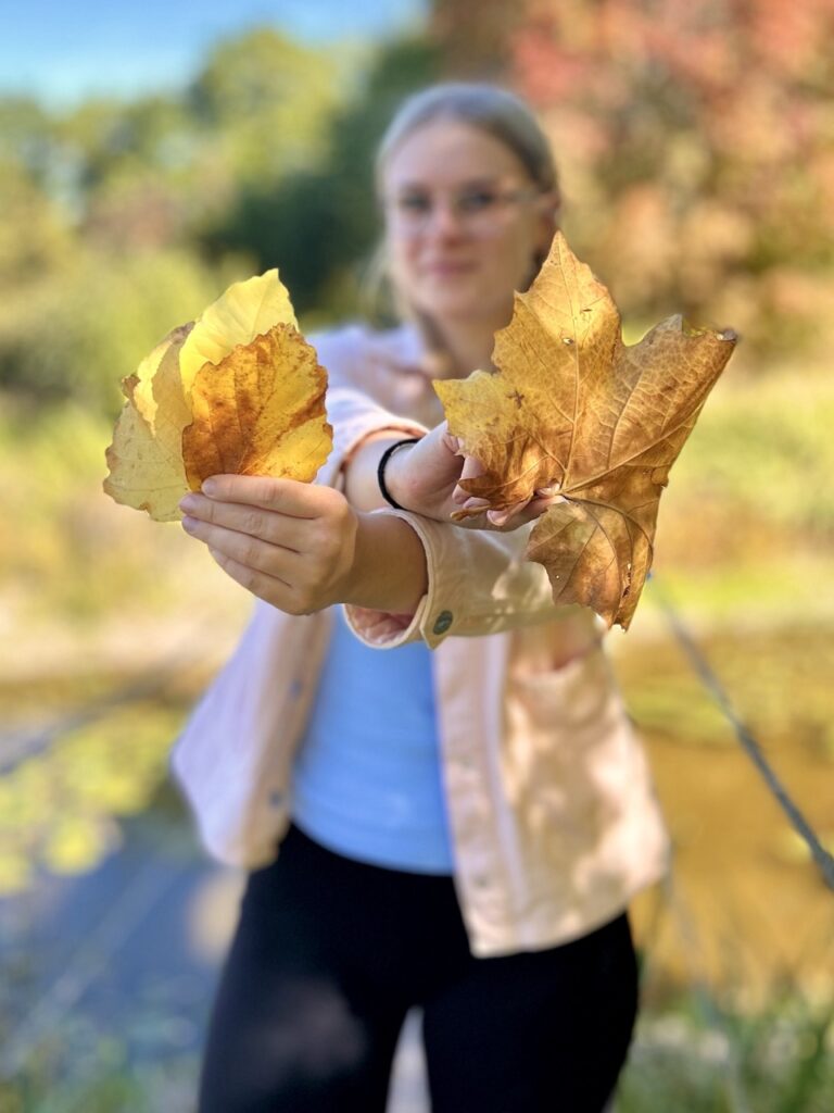 Frau hält der Kamera zwei gelb-braune Herbstblätter entgegen, sie selbst unscharf im Hintergrund.